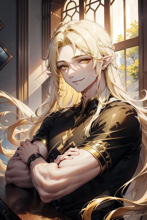 (masterpiece, best quality, highres, absurdres), 1boy, platinium blonde hair, absurdly long hair, long hair, yellow eyes, pointy ears, danfeng eyes, emo shirt, dynamic poses, looking at the viewer, smile, <lora:add_detail:0.3>, <lora:borealis:0.6:INALL>, <lora:danfeng:0.5>