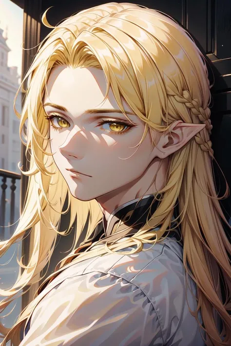 (masterpiece, best quality, highres, absurdres), 1boy, platinium blonde hair, absurdly long hair, long hair, yellow eyes, pointy ears, danfeng eyes, emo shirt, modern background, dynamic poses, looking looking at another, deep thinking expression, <lora:add_detail:0.3>, <lora:borealis:0.6:INALL>, <lora:danfeng:0.5>