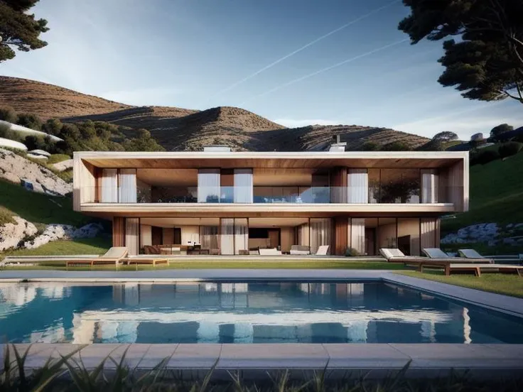 mordenhouse, Modern villa on the hill, <lora:bietthuMJ1:0.6>