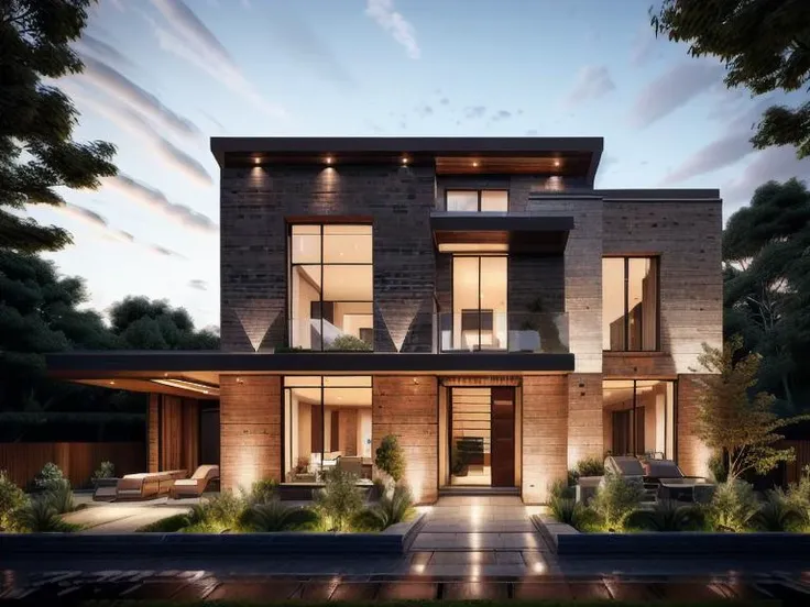 mordenhouse, brick and glass, House by the garden, dynamic (RAW photo, real, best quality, masterpiece:1.2), detailed, (hyper realistic, photo-realistic:1.2), high quality, (dark lighting:1.2), perfect lighting, archdaily <lora:bietthuMJ1:0.6>