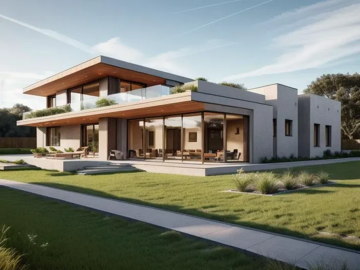 mordenhouse, modern rancher in the fields, morning, dramatic, architecture, minimalistic, masterpiece, (photorealistic:1.2), best quality, <lora:bietthuMJ1:0.5>