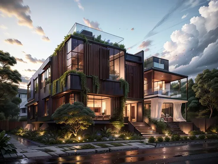 mordenhouse, house, glass house with a sloping roof, modern, dynamic (RAW photo, real, best quality, masterpiece:1.2), (hyper realistic, photo-realistic:1.2), high quality, (dark lighting:1.2), perfect lighting, archdaily <lora:bietthuMJ1:0.6>