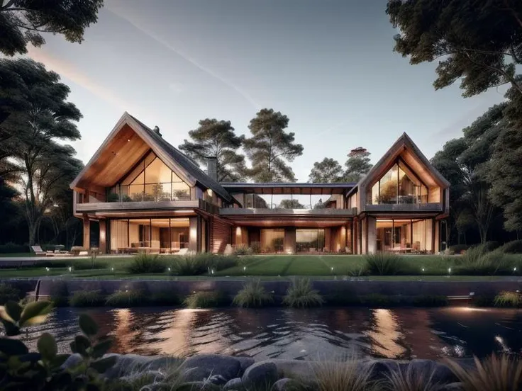 mordenhouse, Farm house in the forest, night, dramatic, architecture, composite construction, masterpiece, (photorealistic:1.2), best quality, <lora:bietthuMJ1:0.6>