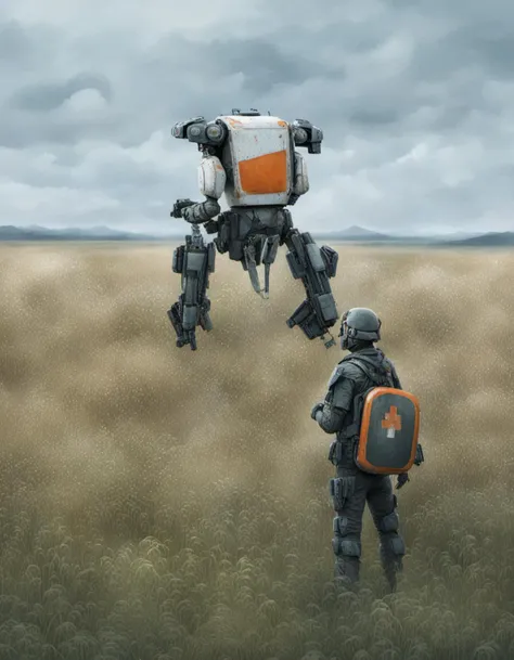 apocalyptic apocalyptic soldiers are standing in a field with an orange and white plastic medical robot <lora:Apocalyptic:1>
