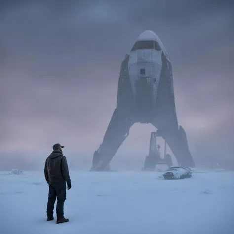 apocalyptic a man standing in the snow next to a giant shuttle <lora:Apocalyptic:1>