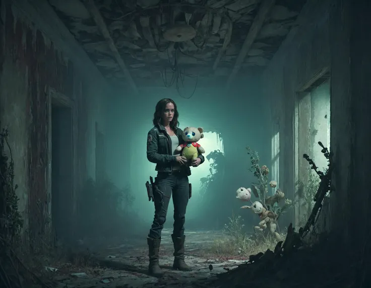 scene from a futuristic apocalyptic western, hand of a female gunlinger survivor [megan fox | emma watson] standing inside an abandoned overgrown mansion, holding an old plushie, chroma, lighting creates a bleak atmosphere  <lora:Apocalyptic:1>