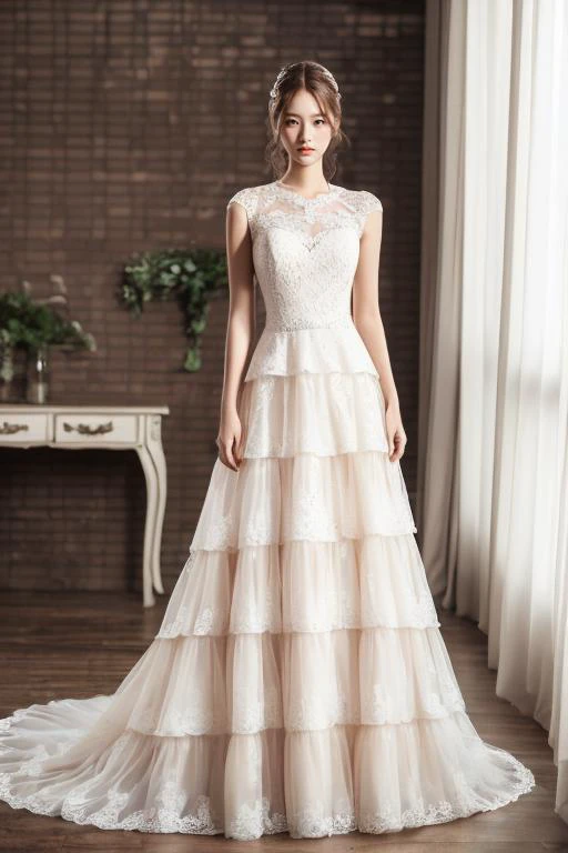 ((best_quality,high_resolution,distimct_image)),ultra_realistic details,sharp focus,detailed skin,full body,soft lighting,(21years old pretty korean girl:1.2),(kpop idol:1.2)(,korean beauty:0.8),(korean mixed),1girl,
Sleeveless wedding dress,Tiered wedding dress,Delicate floral embroidered tulle gown,(indoor studio)