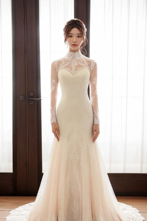 ((best_quality,high_resolution,distimct_image)),ultra_realistic details,sharp focus,detailed skin,full body,soft lighting,(21years old pretty korean girl:1.2),(kpop idol:1.2)(,korean beauty:0.8),(korean mixed),1girl,
Silk wedding dress,High-neck wedding dress,Elegant long-sleeved lace gown,(indoor studio)