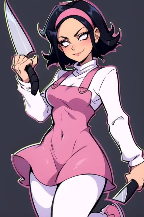 [bene], [newgrounds], ((masterpiece)), ((HD)), ((high res)), ((solo portrait)), ((front view)), ((detailed shading)), ((intricate details)), {slim attractive figure, tan skin, cute white eyes, short black hair, short eyelashes, small breasts, curvy hips, beautiful legs}, {(hot-pink dress, long sleeve turtleneck shirt, tight pink pants, pink headband}, {(mischievous smirk)}, {(holding knife), (looking at viewer)}, [Background; stylized background, ambient lighting]

