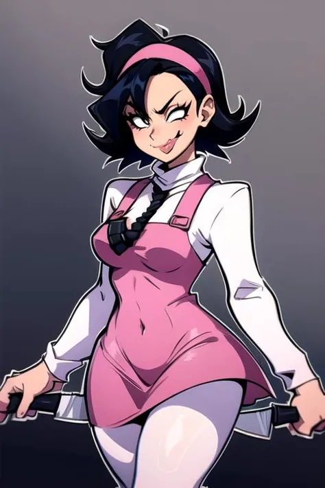 <lora:nene:0.8> 1girl, solo, breasts, smile, short hair, simple background, shirt, black hair, long sleeves, dress, holding, medium breasts, white shirt, weapon, pantyhose, hairband, tongue, tongue out, grey background, covered navel, turtleneck, knife, pink dress, :p, white pantyhose, outline, holding knife, white outline, pink hairband
