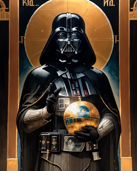 (fresco of Darth Vader:1.2 depicted as a saint), (holding a (death star:1.1) miniature model:1), (orthoicon:0.5), <lora:OrthodoxChristianIcon:0.5>, orthodox church wall fresco, depicted as a saint, in an Orthodox Church fresco style, ornate, detailed,grand, imposing, painting, sci-fi, religious, historical, mural