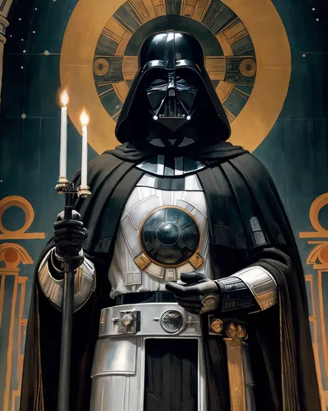 (fresco of Darth Vader:1.2 depicted as a saint), (holding a (death star:1.1) miniature model:1.1), (orthoicon:0.5), <lora:OrthodoxChristianIcon:0.5>, orthodox church wall fresco, depicted as a saint, in an Orthodox Church fresco style, ornate, detailed,grand, imposing, painting, sci-fi, religious, historical, mural