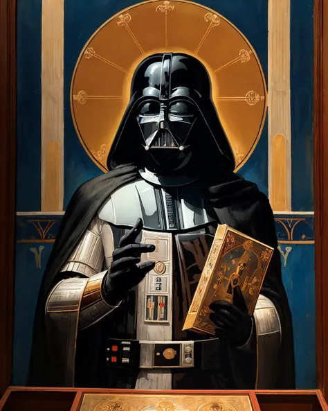 (fresco of Darth Vader:1.2 depicted as a saint), (orthoicon:0.5), <lora:OrthodoxChristianIcon:0.5>, orthodox church wall fresco, depicted as a saint, in an Orthodox Church fresco style, ornate, detailed,grand, imposing, painting, sci-fi, religious, historical, mural