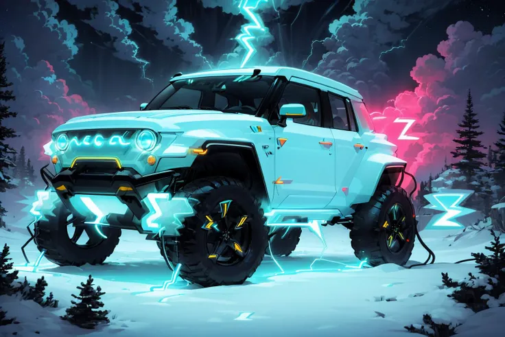 <lora:ElectricWorld:1.05> (ElectricWorld:1.2) (jeep on the top of a mountain with snow) (pines and clouds)