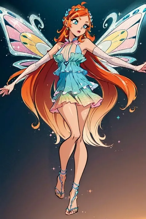 (Bloom:1.5), (blue gradient dress:1.2), fairy wings, orange hair, blue eyes, sparkling outfit, (orange and yellow gradient background), (realistic:1.2), (masterpiece:1.2), (full-body-shot:1),(Cowboy-shot:1.2), neon lighting, dark romantic lighting, (highly detailed:1.2),(detailed face:1.2), (gradients), colorful, detailed eyes,, (natural lighting:1.2), solo  <lora:WinxClubEnchantixBloom-10:0.9> <lora:add_detail:0.3> <lora:BeautifulEyes:0.6>
