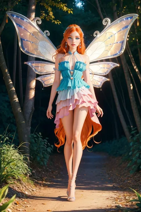 cinematic composition, professional full body shot photo of Bloom, dress, fairy wings, orange hair, blue eyes, sparkling outfit,
detailed skin, detailed eyes, finely detailed hair,
volumetric light, highrez, masterpiece, best quality,
fantasy forest,
<lora:WinxClubEnchantixBloom-10:0.65:MIDD>