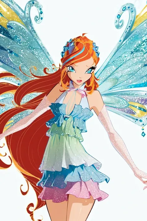 (Bloom:1.5), (blue gradient dress:1.2), fairy wings, orange hair, blue eyes, sparkling outfit, (white background, solid white background:1.5), (realistic:1.2), (masterpiece:1.2), (full-body-shot:1),(Cowboy-shot:1.2), neon lighting, dark romantic lighting, (highly detailed:1.2),(detailed face:1.2), (gradients), colorful, detailed eyes,, (natural lighting:1.2), solo <lora:WinxClubEnchantixBloom-10:0.9> <lora:add_detail:0.3> <lora:BeautifulEyes:0.6> <lora:WinxComiss_Style-15:0.4>