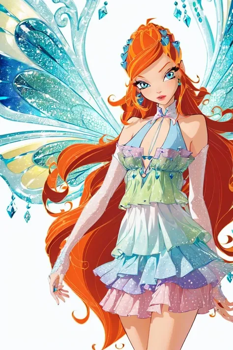 (Bloom:1.5), (blue gradient dress:1.2), fairy wings, orange hair, blue eyes, sparkling outfit, (white background, solid white background:1.5), (realistic:1.2), (masterpiece:1.2), (full-body-shot:1),(Cowboy-shot:1.2), neon lighting, dark romantic lighting, (highly detailed:1.2),(detailed face:1.2), (gradients), colorful, detailed eyes,, (natural lighting:1.2), solo <lora:WinxClubEnchantixBloom-10:0.9> <lora:add_detail:0.3> <lora:BeautifulEyes:0.6> <lora:WinxComiss_Style-15:0.4>