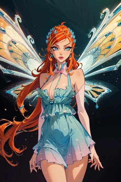 (Bloom:1.5), (blue gradient dress:1.2), fairy wings, orange hair, blue eyes, sparkling outfit, (orange and yellow gradient background), (realistic:1.2), (masterpiece:1.2), (full-body-shot:1),(Cowboy-shot:1.2), neon lighting, dark romantic lighting, (highly detailed:1.2),(detailed face:1.2), (gradients), colorful, detailed eyes,, (natural lighting:1.2), solo <lora:WinxClubEnchantixBloom-10:0.9> <lora:add_detail:0.3> <lora:BeautifulEyes:0.6>