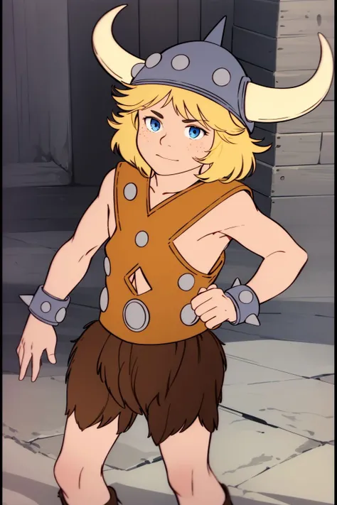 bobby <lora:bobby_dnd_V1:1>, blue eyes, horned helmet, viking costume, silver bracelet, spiked bracelet, pelt, fur shorts
