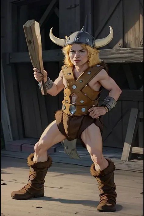 bobby <lora:bobby_dnd_V1:1>, horned helmet, viking costume, silver bracelet, spiked bracelet, pelt, fur shorts, brown boots, fur boots, club \(weapon\)