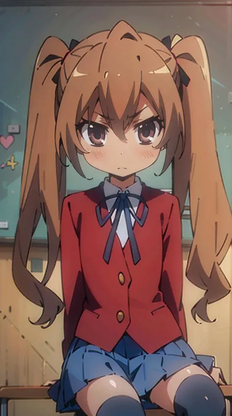 masterpiece,absurdres,best quality,high quality,1girl,aisaka taiga,twintails,blue skirt,school uniform,pleated skirt,black ribbon,thighhighs,red jacket,sitting,looking at viewer,(flat chest:1.1) ),upper body,