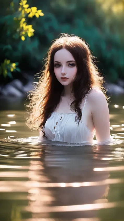 portrait of a cute woman bathing in a river, reeds, (backlighting), realistic, masterpiece, highest quality, lens flare, shade, bloom, [[chromatic aberration]], by Jeremy Lipking, by Antonio J. Manzanedo, digital painting