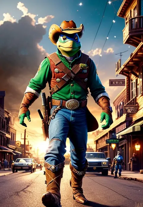 modelshoot style, (extremely detailed CG unity 8k wallpaper), teenage mutant turtle as a ((cowboy)), old west main street, realistic, masterpiece, highest quality, lens flare, unreal engine, digital painting, trending on ArtStation, trending on CGSociety, Intricate, High Detail, dramatic, realism, beautiful and detailed lighting