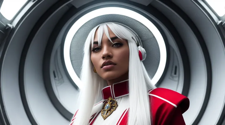 tiktok girl, (from_below:1.3) (sitting:1.2) white_hair , long-hair , medieval, middle ages , white (firefighter) uniform , in a space ship , jewelry, (full_body:1.4), (realistic:1.4), masterpiece, high quality, realistic lighting, center of frame, 8k, hdr, amateur, dark skin , professional photography, masterpiece