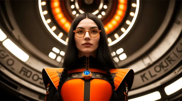 tiktok girl, (from_below:1.31) (standing:1.23) black hair, , long_hair , victorian era , orange (cyborg) , in a space ship , jewelry, (full_body:1.4), (realistic:1.4), masterpiece, high quality, realistic lighting, center of frame, 8k, hdr, amateur, glasses, (freckles:0.95) , professional photography, masterpiece