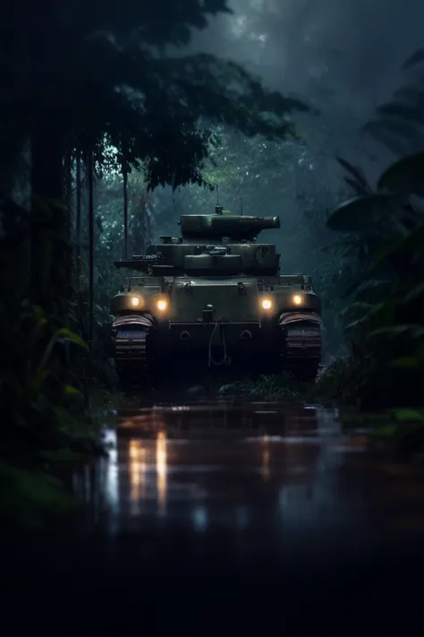 Futuristic tank in jungle, ((close up)) detailed, muddy floor, rainy weather, digital painting, artstation, concept art, breathtaking, high details, extremely detailed, beautiful, establishing shot, hyperrealistic, unreal engine 5