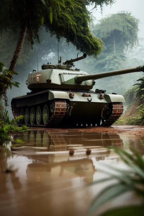 Futuristic tank in jungle, ((close up)) detailed, muddy floor, rainy weather, digital painting, artstation, concept art, breathtaking, high details, extremely detailed, beautiful, establishing shot, hyperrealistic, unreal engine 5