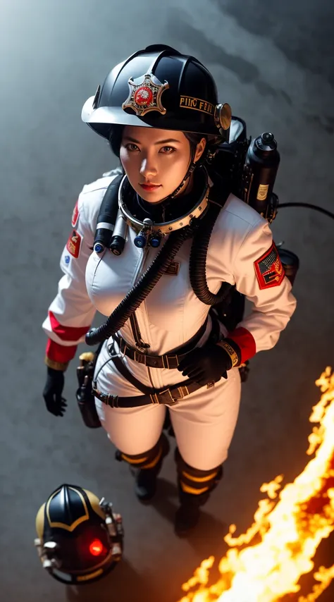 tiktok girl, (from_above:1.31) (walking:1.2) black-hair , open_helmet , steampunk , white (firefighter) uniform , (in zero-gravity) , jewelry, (full_body:1.4), (realistic:1.4), masterpiece, high quality, realistic lighting, center of frame, 8k, hdr, amateur, (freckles:0.87)