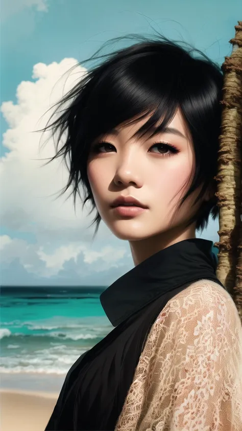 young woman, black hair with long pixie cut in a bob style and wearing high collar clothes at the beach next to palm trees. atmospheric lighting painted intricate volumetric light highly detailed by charlie bowater tom bagshaw artgerm lau ross tran ruan jia yoshitaka amano ilya kuvshinov marc simonetti makoto