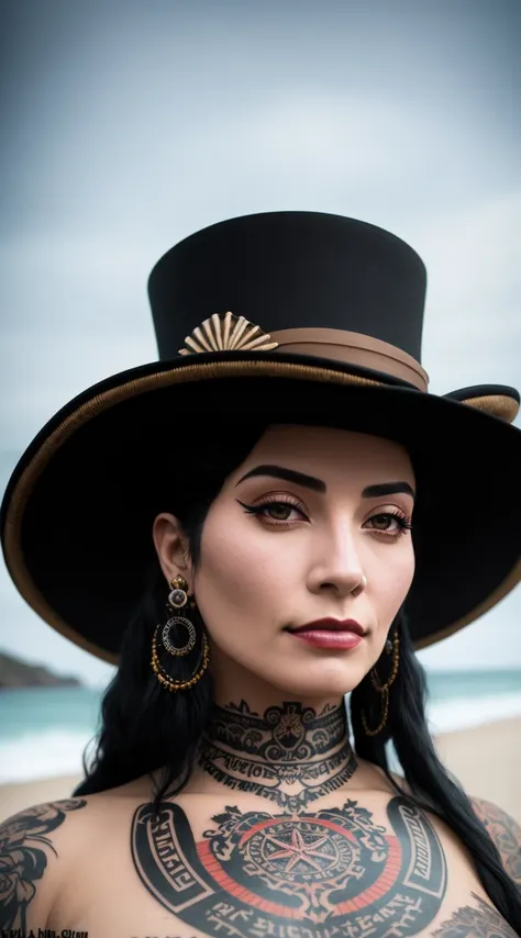 tiktok girl, (from_below:1.32) (lying:1.2) black-hair , tophat , victorian era , brown (cyborg) , beach , jewelry, (full_body:1.4), (realistic:1.4), masterpiece, high quality, realistic lighting, center of frame, 8k, hdr, amateur, face tattoo