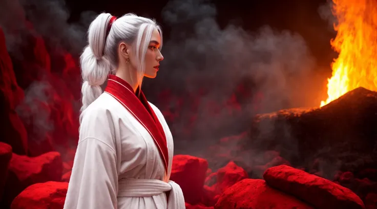 tiktok girl, (from_side:1.3) (standing:1.22) white hair , side_ponytail , victorian-era , red (bathrobe) , in lava, molten , jewelry, (full_body:1.4), (realistic:1.4), masterpiece, high quality, realistic lighting, center of frame, 8k, hdr, amateur, (freckles:0.84) , professional photography, masterpiece