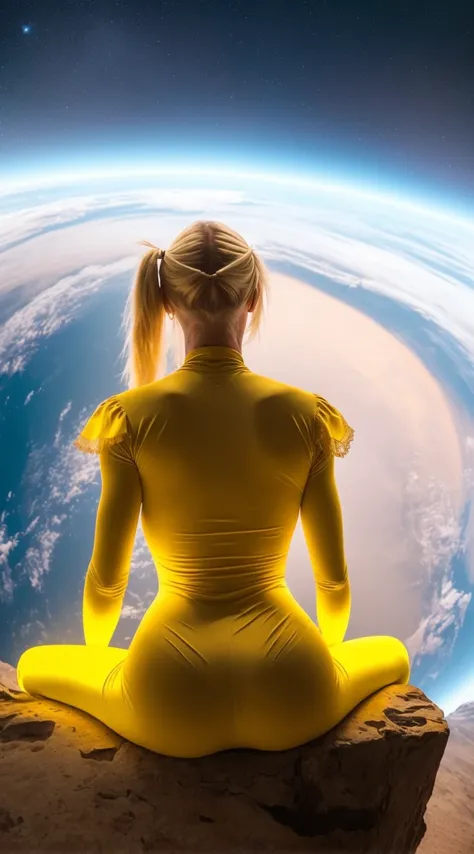 tiktok girl, (from_below:1.3) (sitting:1.2) blonde_hair , ponytail , victorian-era , yellow (winter) bodysuit , (in zero-gravity) , jewelry, (full_body:1.4), (realistic:1.4), masterpiece, high quality, realistic lighting, center of frame, 8k, hdr, amateur, arab , professional photography, masterpiece