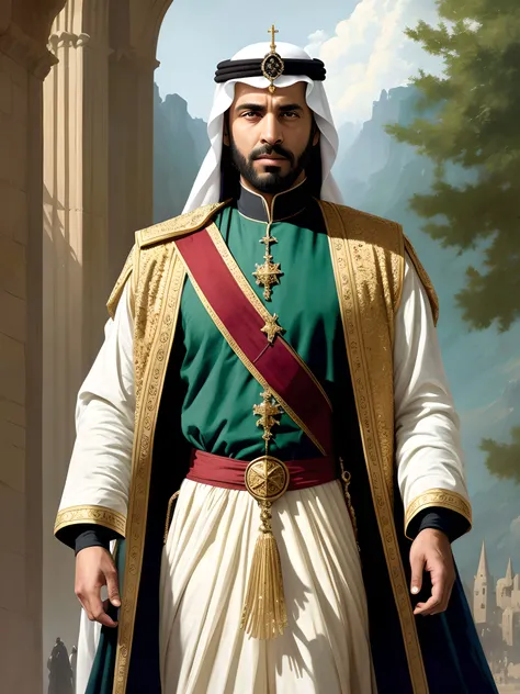 (extremely detailed CG unity 8k wallpaper), full shot body photo of the most beautiful artwork in the world, Arab man medieval ((King)), green vale, golden crown, diamonds, medieval architecture, professional majestic oil painting by Ed Blinkey, Atey Ghailan, Studio Ghibli, by Jeremy Mann, Greg Manchess, Antonio Moro, trending on ArtStation, trending on CGSociety, Intricate, High Detail, Sharp focus, dramatic, photorealistic painting art by midjourney and greg rutkowski