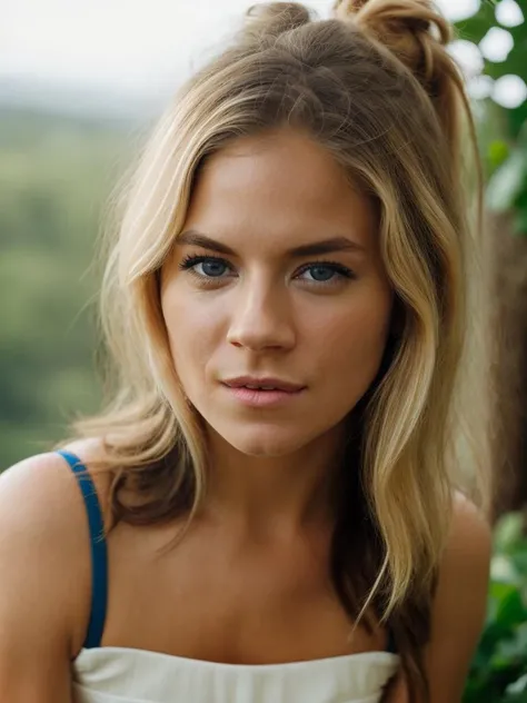 a picture of s4brina, blonde, realistic, photorealistic, detailed skin, surface scattering, bokeh, skin pores, city streets,wearing a (blue blouse:1.2), blue eyes,outdoors, <lora:s4brina2:1>
