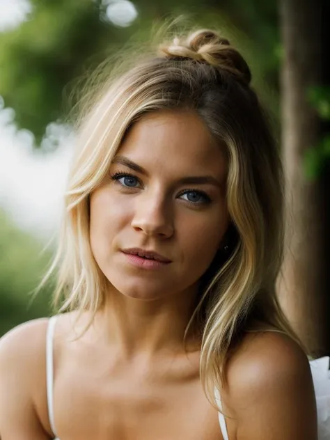 Realistic photo of a beautiful s13nn4m-v2 woman, 1girl, solo, long hair, looking at viewer, blue eyes, (((blonde hair))), dress, bare shoulders, sitting, white dress, lips, head rest, realistic, soft lighting, professional Photography, Photorealistic, detailed, RAW, analog, sharp focus, 8k, HD, high quality, masterpiece<lora:s13nn4m-v2:1.0>