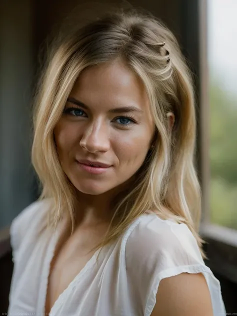 Realistic photo of a beautiful s13nn4m-v2 woman,  1girl, solo, long hair, looking at viewer, smile, blue eyes, blonde hair, shirt, lips, portrait, realistic, soft lighting, professional Photography, Photorealistic, detailed, RAW, analog, sharp focus, 8k, HD, high quality, masterpiece<lora:s13nn4m-v2:1.0>
