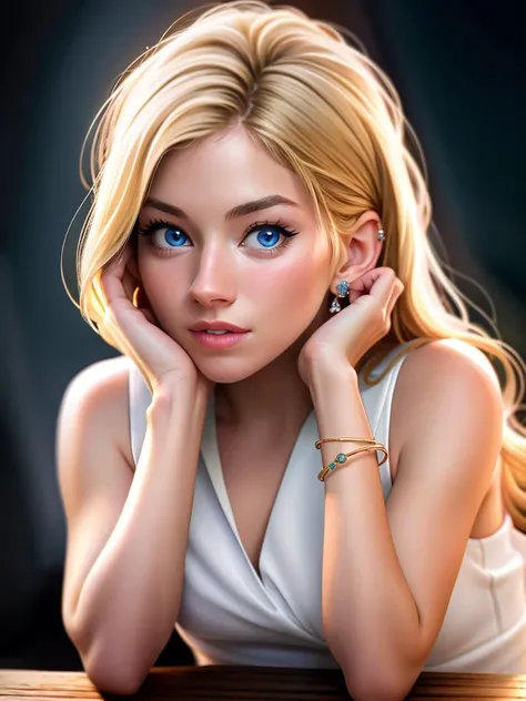 Realistic photo of a beautiful s13nn4m-v2 woman, 1girl, solo, long hair, looking at viewer, blue eyes, blonde hair, dress, bare shoulders, jewelry, upper body, sleeveless, white dress, blurry, bracelet, lips, head rest, realistic, nose, soft lighting, professional Photography, Photorealistic, detailed, RAW, analog, sharp focus, 8k, HD, high quality, masterpiece<lora:s13nn4m-v2:1.0>