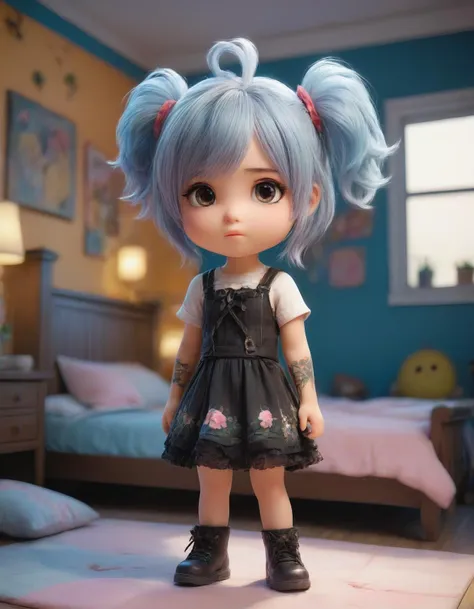 an emo girl standing in her room feeling hopeful, full-body, friendly tired face with pretty eyes, white hair with cute hair accessories, highly textured skin, light and shadow, anti-aliasing, color-graded, floating motes, dynamic volumetric lighting, nikon D850