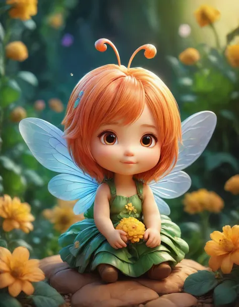 an adorable little fairy girl lies on a massive flower smiling at the bees, shiny nose, cute hair accessories, highly textured skin, light and shadow, anti-aliasing, color-graded, floating motes, dynamic volumetric lighting