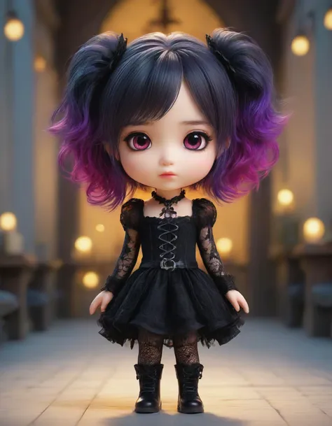 a pretty goth girl waits in the candle-lit shadows, gothic hair accessories, highly detailed textures, light and shadow, anti-aliasing, color-graded, vivid colors, floating motes, dynamic volumetric lighting, strong bokeh 3D effect, deep rich vibrant contrast color