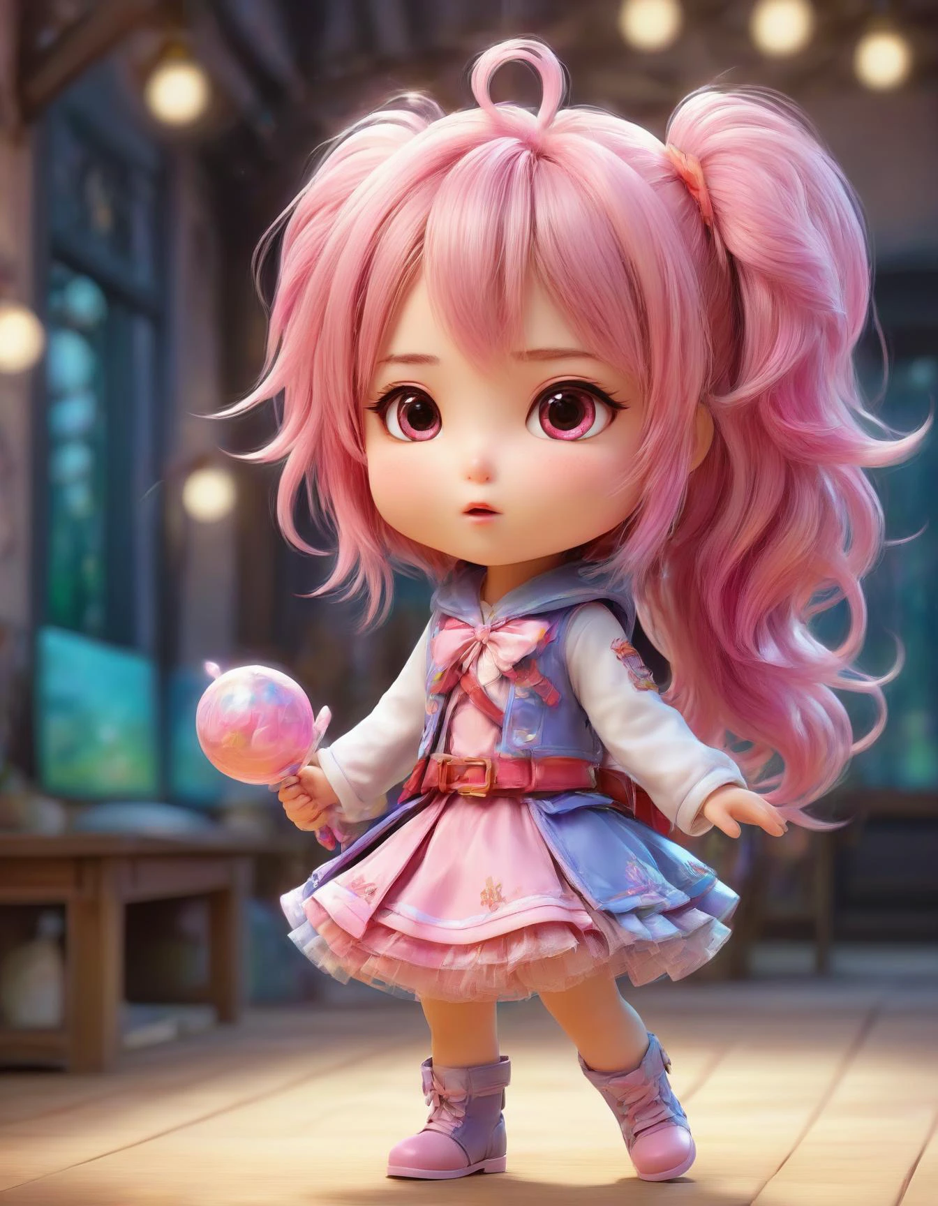 an adorable magical-girl preparing to defend her school against a demonic invasion, full-body action scene, intricately detailed magical-girl outfit, cute hair accessories, highly textured skin, light and shadow, anti-aliasing, color-graded, floating motes, dynamic volumetric lighting