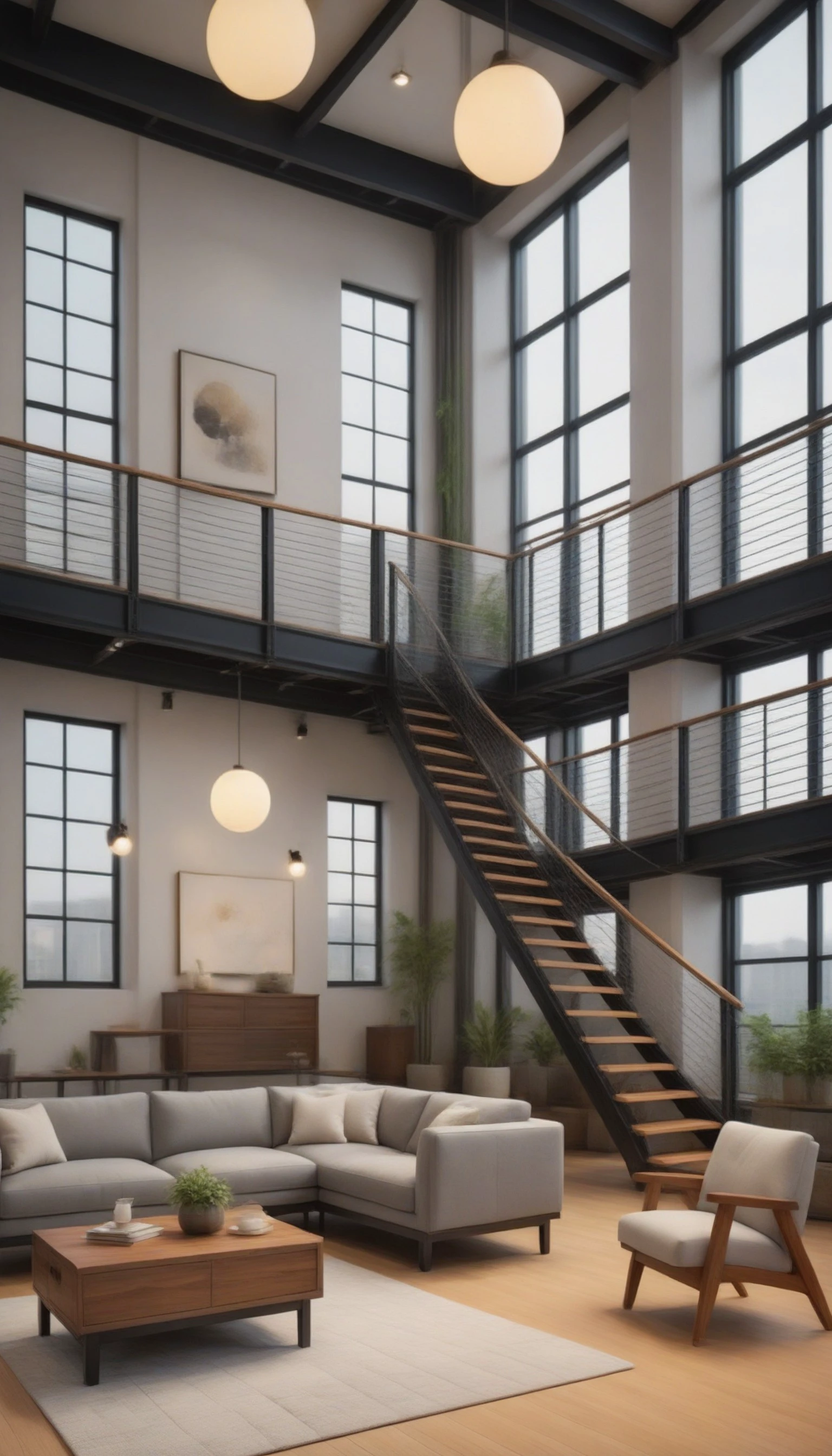 real estate photography style of a modern loft, professional, inviting, well-lit, high-resolution, property-focused, commercial, highly detailed