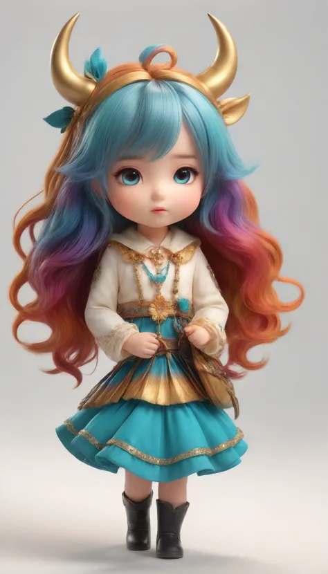 1girl, solo, back light, rainbow, aqua eyes, fake horns, red hair, long hair, crop top, jewelry, horns, veil, bracer, brooch, puffy long sleeves, skirt, bangs, low twintails, puffy sleeves, neck ring, gold trim, parted bangs, arm up, blue skirt, hair ornament, detached sleeves, floating hair, gem, hair flower, blue gemstone