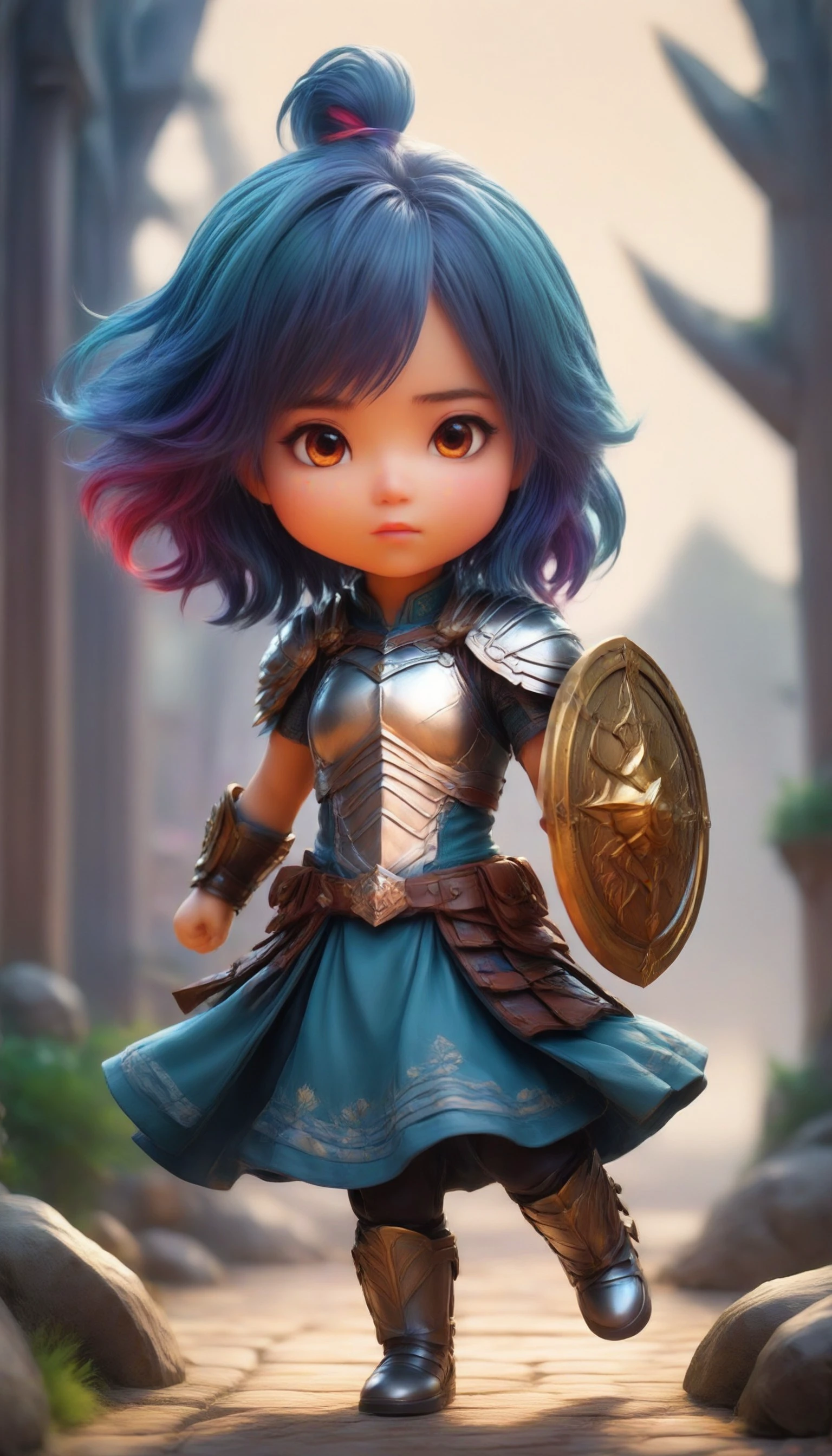 Pixel art of a fierce female warrior with a sword and shield in a fantasy setting, featuring vibrant colors, dynamic lighting, and a dramatic, epic mood