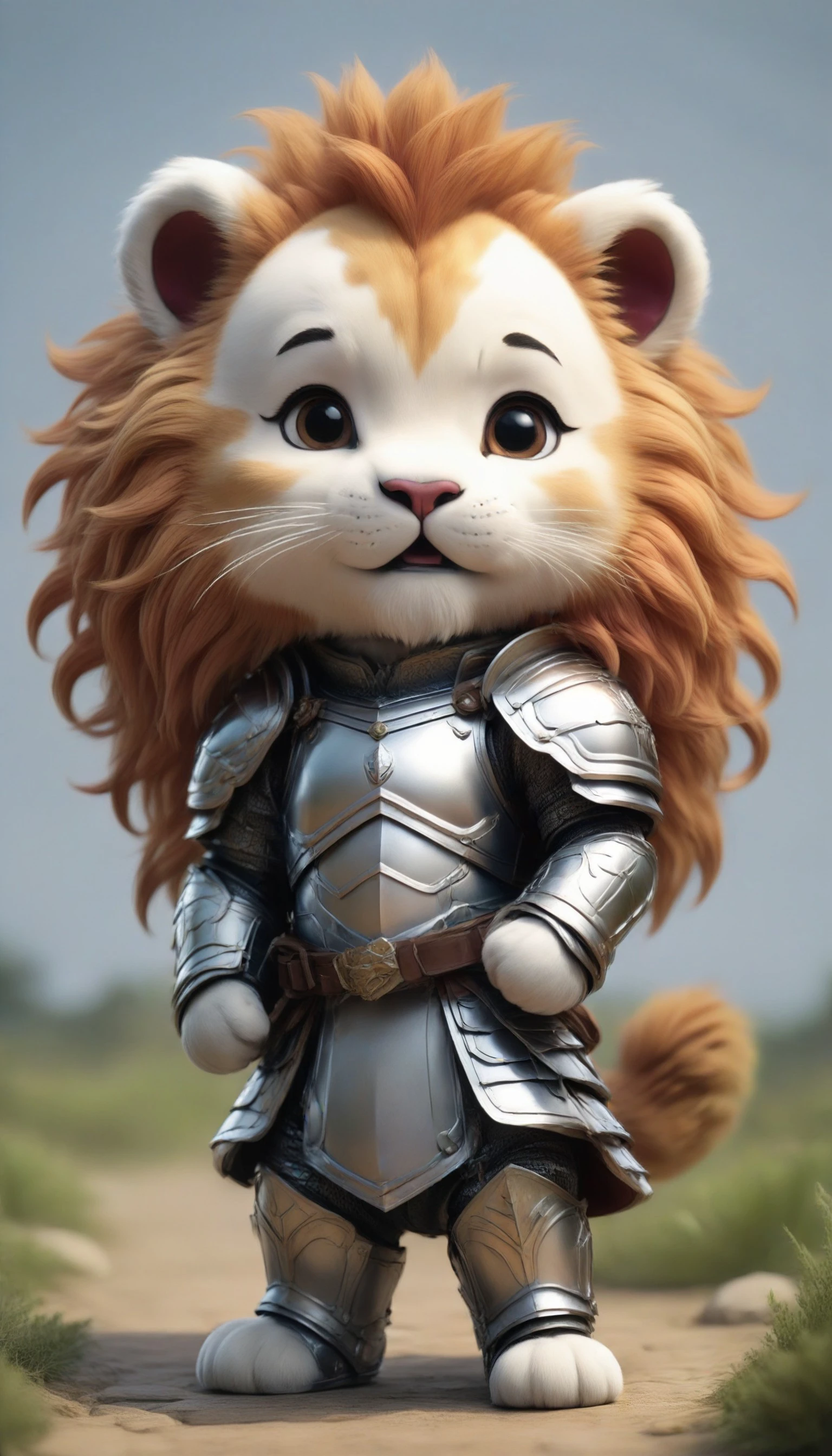 a lion in armor poses for a picture, cinematic close shot